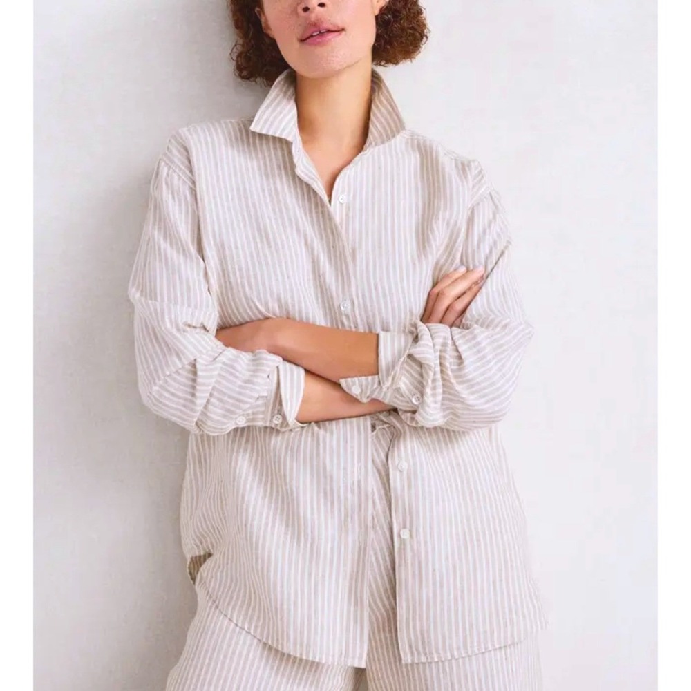 Haven Well Within Tan White Pinstripe Linen‎ Blend Button Down Shirt Pocket M